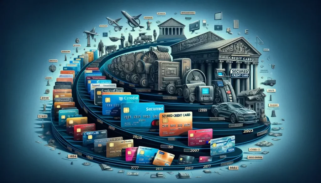 A photorealistic depiction of the evolution of secured credit cards, showing a chronological progression from early paper-based credit systems to modern digitally-enabled cards. The image features various types of credit cards from different eras, set against a backdrop of financial institutions and technological advancements pertinent to each period. Key innovations and changes in card design and technology are highlighted, illustrating the dynamic history of secured credit cards.