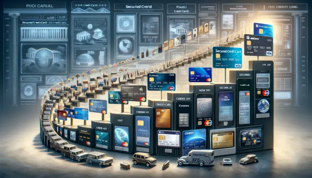 A photorealistic representation of the history and evolution of secured credit cards, showcasing a timeline from primitive paper-based credit systems to contemporary digital cards. The image includes various credit card types from different historical periods, each reflecting the technological and design advancements of its era. The background is adorned with depictions of financial institutions and technological progress, emphasizing the significant milestones in the secured credit card industry.