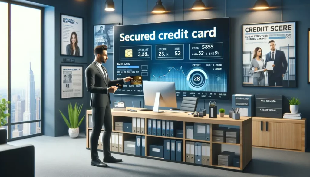 A photorealistic depiction of a bank officer in a modern bank office, explaining secured credit card details to a customer. The officer is holding a credit card and pointing to a screen with a credit score graph. The office features posters about financial responsibility and secured credit cards, alongside typical banking equipment and a decorative plant, creating an informative and friendly environment.