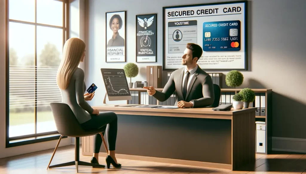 A photorealistic depiction of a bank officer in a modern bank office, explaining secured credit card details to a customer. The officer is holding a credit card and pointing to a screen with a credit score graph. The office features posters about financial responsibility and secured credit cards, alongside typical banking equipment and a decorative plant, creating an informative and friendly environment.