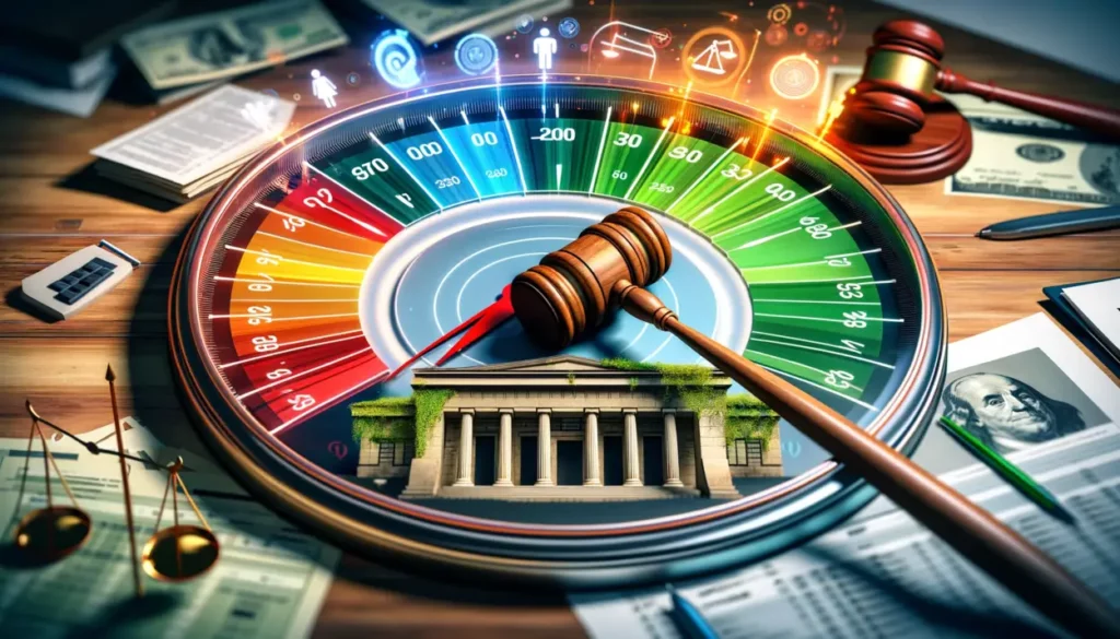"Wide-angled, photorealistic image demonstrating the impact of legal actions on credit scores. Dominating the center is a vibrant credit score gauge, with colors transitioning from green (high scores) to red (low scores). Encircling the gauge are symbols of legal activities, like a traditional courthouse, a wooden gavel, legal documents, and a balance scale, all interconnected with the gauge through prominent arrows or lines, symbolizing their effect on credit scores. The background merges a blurred assortment of financial documents, credit reports, and abstract legal elements, effectively emphasizing the intertwined nature of legal matters and financial credit. How Legal Actions Impact Credit Scores