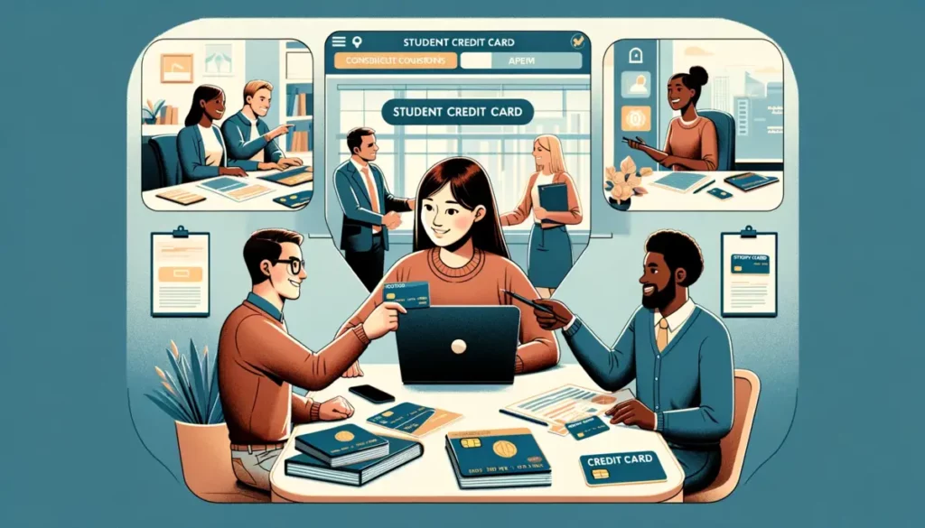 A similar three-step illustration, with a student learning about credit card loans, discussing with a diverse group at a financial institution, and happily obtaining a credit card.