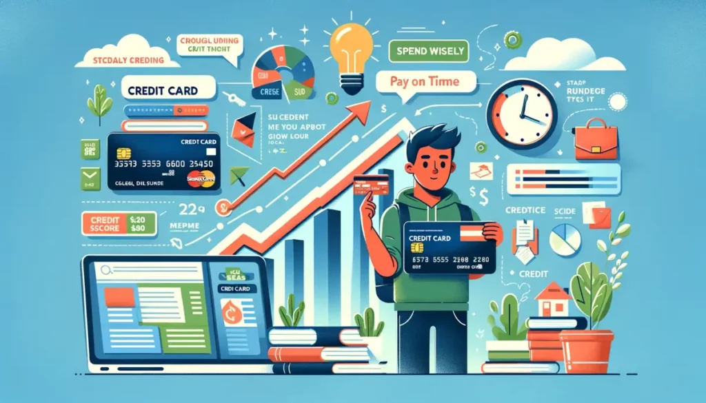 A colorful depiction of a student managing college costs with a credit card, alongside a graph indicating improving credit score and helpful financial tips.