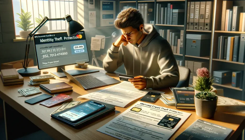 A person sits at a modern office desk, looking concerned while examining a secured credit card and a bank statement with unauthorized transactions. An open laptop on the desk displays a webpage titled 'Identity Theft Protection', outlining steps to report fraud. A phone on the desk shows a hotline number for reporting card theft. Books on personal finance and cybersecurity are visible in the background, emphasizing the urgency of the situation