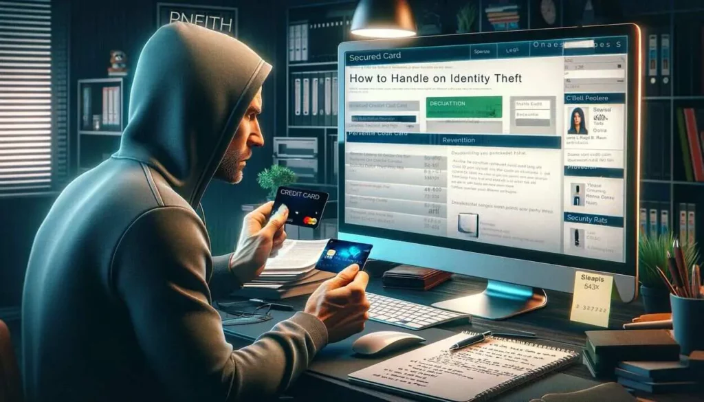 An individual in a home office appears concerned while holding a secured credit card and examining a credit report indicating fraudulent activity. The computer screen displays an article about identity theft, covering prevention and recovery steps. Beside the computer, a notepad lists actions to contact banks and credit agencies. The dim lighting of the room, along with security books and a locked filing cabinet in the background, underscore the gravity of the identity theft situation.