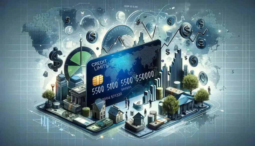 "Graphic representation showing economic influences on credit limits, with a prominent credit card icon encircled by elements like fluctuating stock charts, various currency signs, and business buildings, complemented by a small group of financial analysts, against a backdrop of a world map." Impact of Economic Factors on Credit Limits