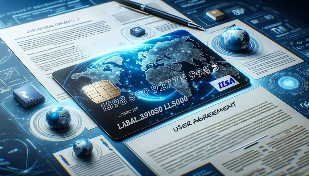 The image depicts the legal aspects of international secured card usage. A world map in the background emphasizes global connectivity. In the foreground, a modern credit card with a chip and hologram is prominent. Around the card, various legal documents and contracts are displayed, with titles like 'International Transaction Laws', 'Security Protocols', and 'User Agreement'. These documents appear official, complete with legal terms and stamps. The color scheme of blues and greys conveys a sense of trust and security.