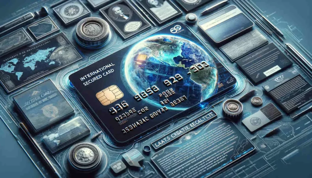 The image vividly illustrates the legal aspects of international secured card usage. At the center is a highly realistic credit card featuring a holographic chip and intricate design. The background displays a detailed world map, emphasizing global reach. Surrounding the credit card are authentic-looking legal documents, complete with watermarks, official seals, and finely printed text. These documents, bearing titles like 'Global Credit Laws', 'Data Protection Regulations', and 'Consumer Rights', add to the image's realism. The overall aesthetic is sleek and modern, with a color palette of deep blues, silvers, and whites, evoking sophistication in international finance.