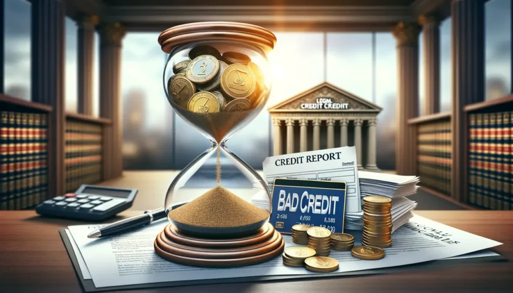 A photorealistic, wide-format image showing an hourglass with gold coins in the top half and legal documents with a 'Bad Credit' report in the bottom half. This imagery symbolizes the transition from financial difficulties to legal solutions. In the blurred background, a courthouse is visible, emphasizing the legal context and the role of time in resolving financial and legal issues.