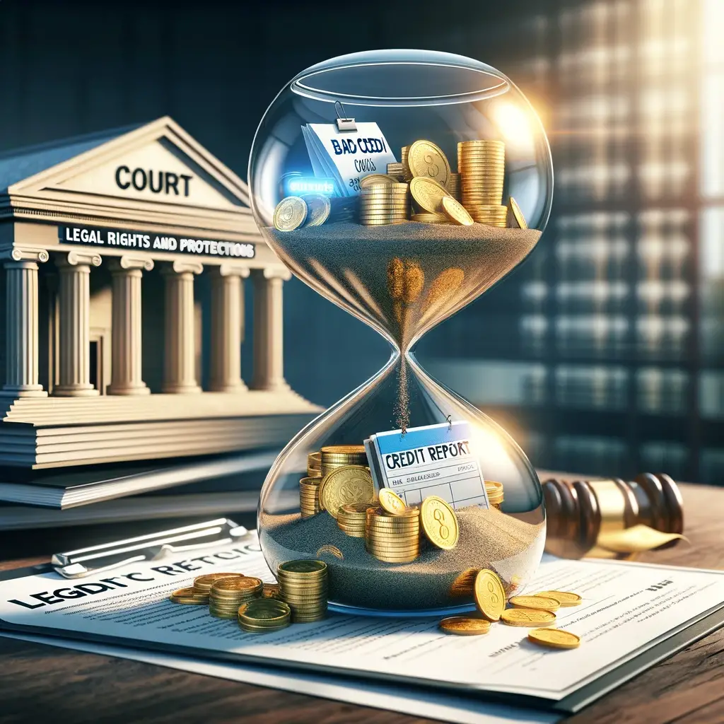 A photorealistic depiction of the balance between legal rights and bad credit. The image features a balanced scale, with one side holding legal documents and the other a credit card and a bad credit report, set against a courtroom background with a gavel, symbolizing the intersection of financial challenges and legal justice.