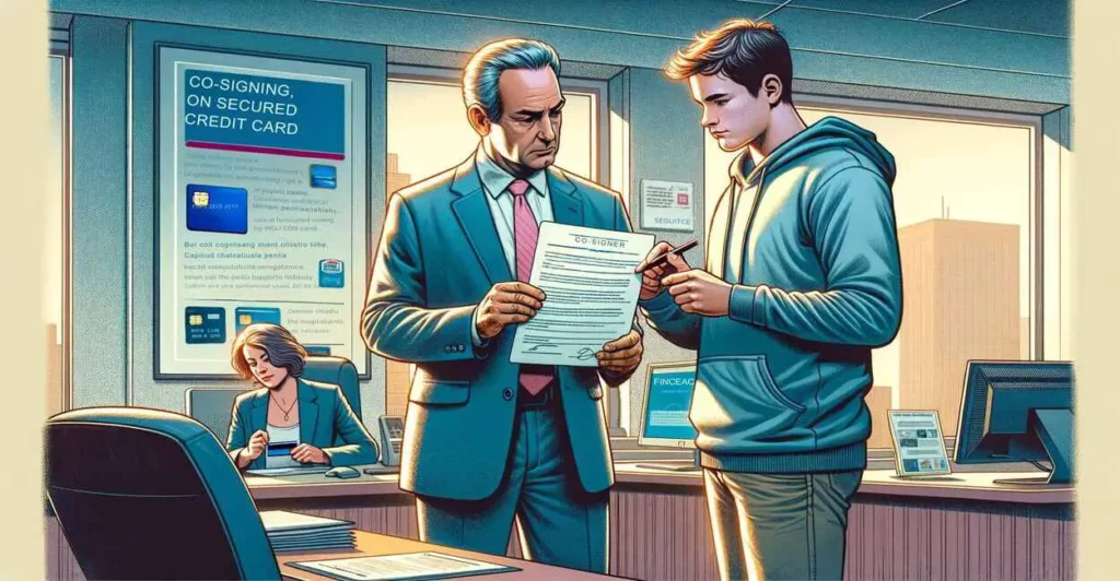 An illustration depicting a middle-aged individual and a younger person examining a document in a bank office. The middle-aged co-signer looks concerned while the younger person, likely a student, holds a credit card. The scene includes a desk, a computer, and financial posters, highlighting the seriousness of co-signing on a secured credit card.
