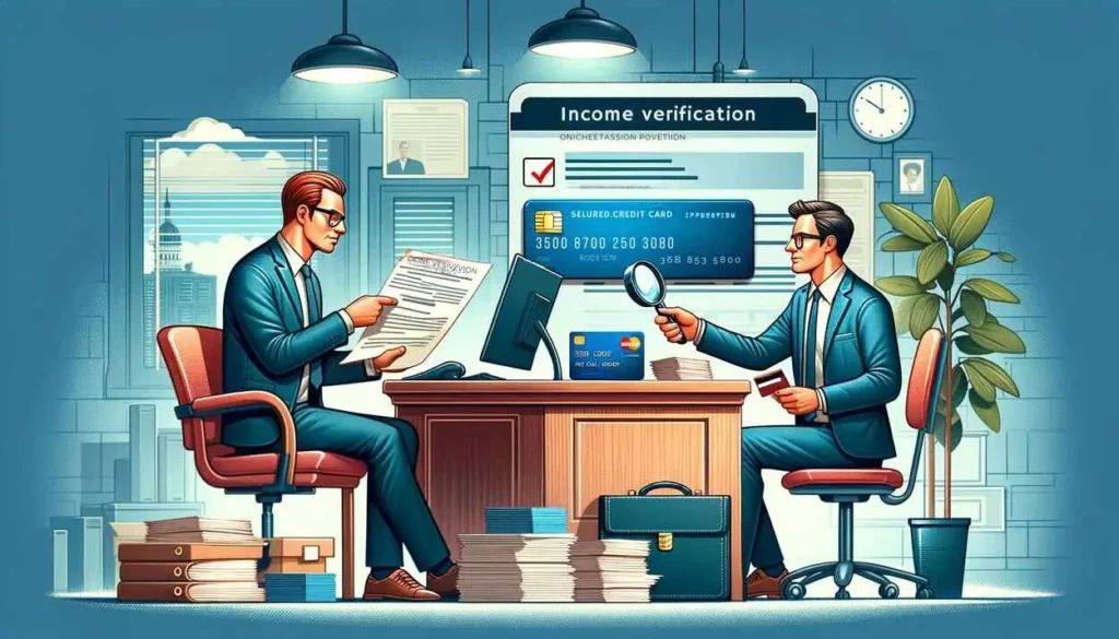 : A vibrant, semi-realistic illustration split into two sections. The left side features a bank officer at a desk, scrutinizing income verification papers. On the right, the officer is approving and handing a secured credit card to a happy customer in an office setting.