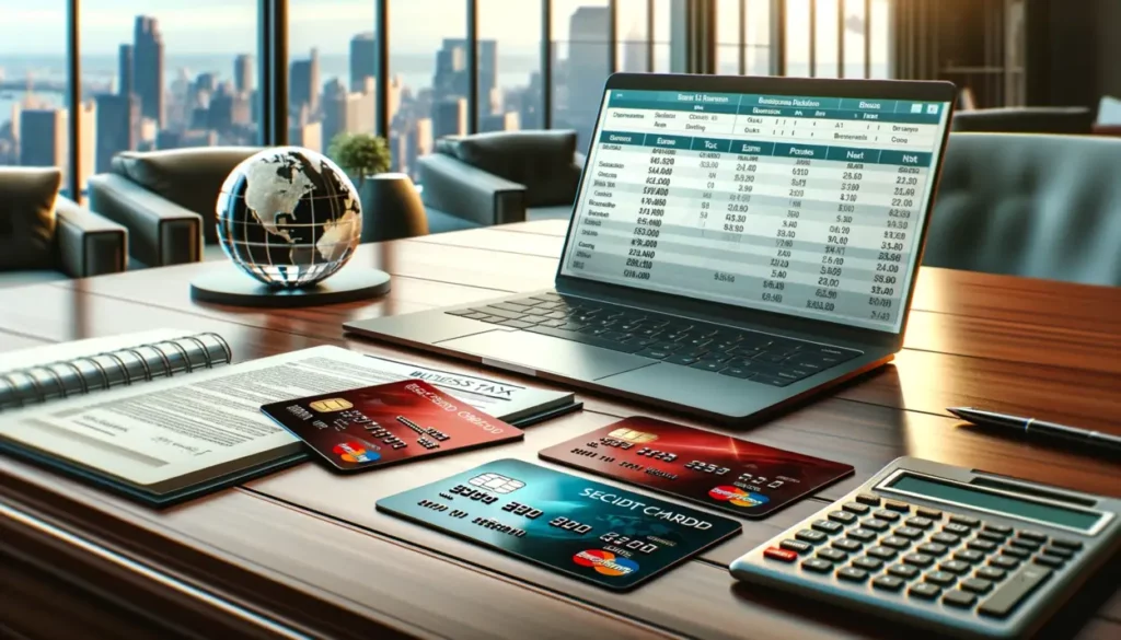 A photorealistic business office setting showcasing a variety of secured credit cards neatly displayed on a polished wooden desk on the left, featuring modern designs with embedded chips and bank logos.