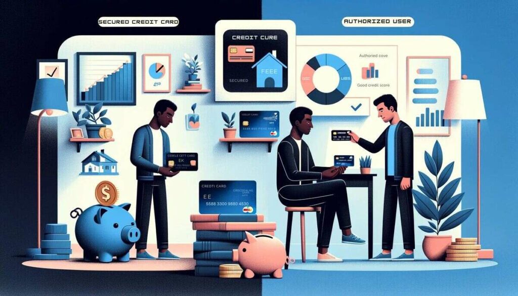 The illustration presents two financial scenarios. On the left, a person of Black descent in modest attire contemplates a secured credit card, with symbols like a piggy bank and credit score meter in a simple room, emphasizing budgeting and credit building. On the right, a Hispanic individual in a cozy home receives a credit card from a family member or friend, with a good credit score chart in the background, illustrating the concept of shared financial trust and support.