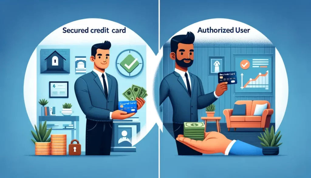 A split illustration showing two distinct scenarios. On the left, a person of South Asian descent in business casual attire is confidently presenting a secured credit card, surrounded by symbols like a lock and a pile of cash, set against a bank-like background with a credit score improvement graph. On the right, a person of Middle-Eastern descent in casual wear receives a credit card, illustrating the concept of an authorized user, with a homey background featuring a shared credit score chart.