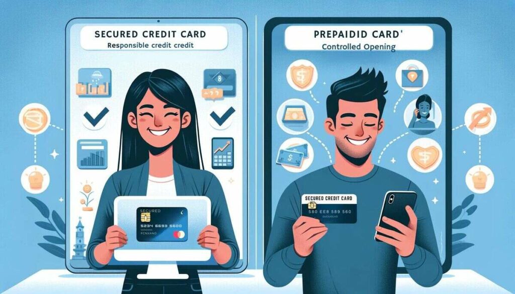 n informative split illustration. On the left, a young Middle-Eastern woman is smiling as she views her improving credit score on a computer screen, surrounded by symbols of credit growth and stability, representing the benefits of a secured credit card. On the right, a young White man looks content while checking his prepaid card balance on a mobile phone, with symbols of controlled spending and financial independence, highlighting the utility of a prepaid card for those not focused on building credit.