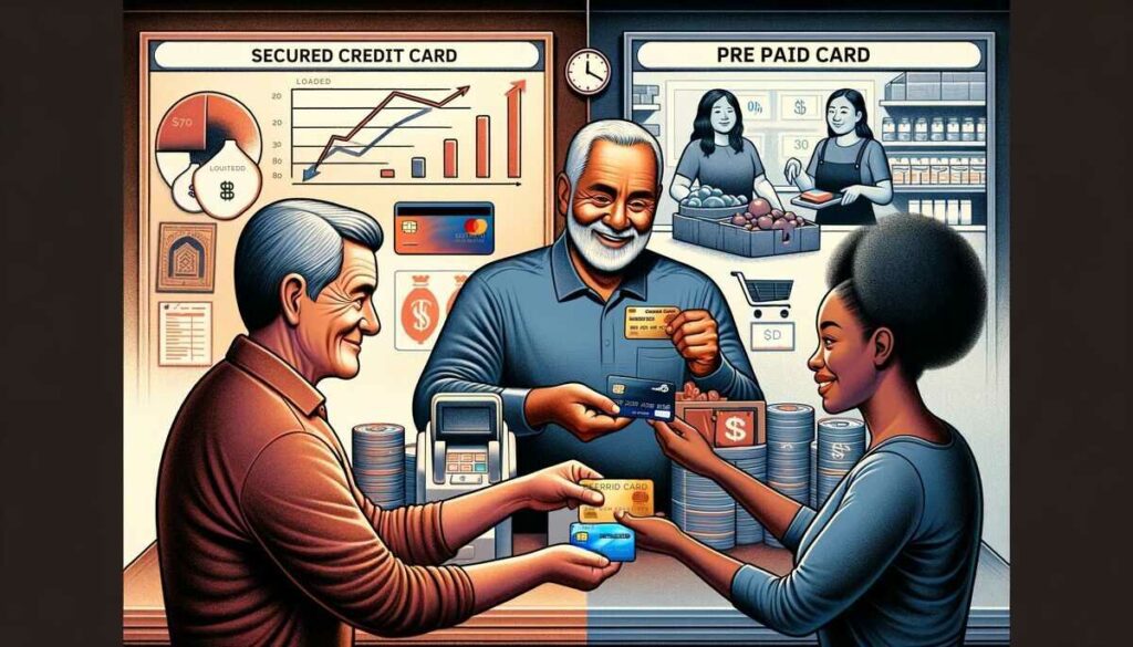 This illustration also compares 'Secured Credit Cards' and 'Prepaid Cards' in two distinct scenes. The left part shows a traditional bank scenario with a Hispanic man and a Caucasian woman at the counter, highlighting the credit-building aspect of secured credit cards. The right side depicts a grocery store scene with a Black woman and an Asian cashier, emphasizing the cash-loading and budget management features of prepaid cards.