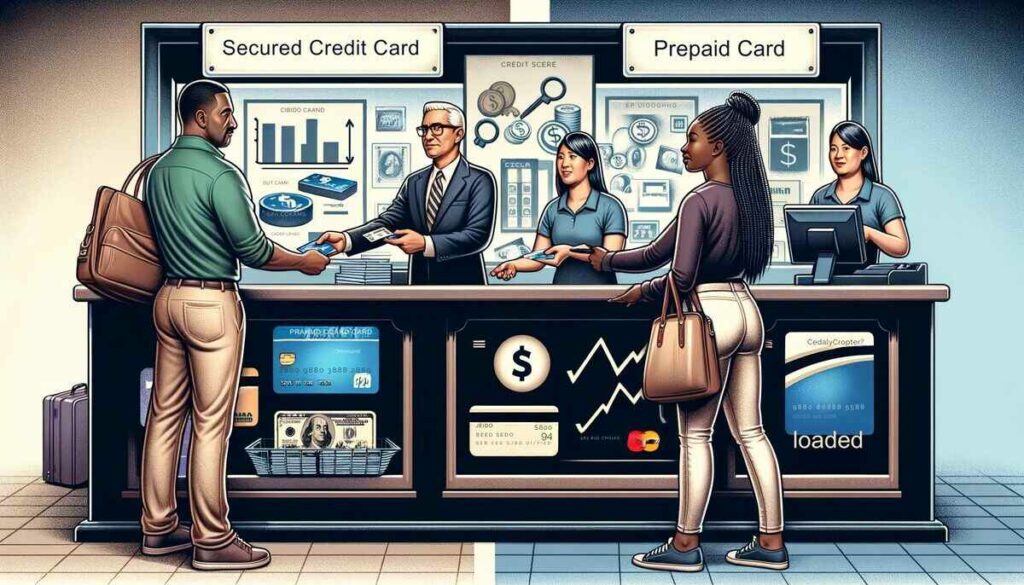 An educational illustration split into two sections. On the left, a middle-aged Hispanic man is handing a secured credit card to a Caucasian female bank teller in a bank setting, with financial graphs and credit score symbols in the background. On the right, a young Black woman is using a prepaid card at a grocery store, paying to an Asian male cashier. The prepaid card is being loaded with cash, and symbols of budgeting and financial management are displayed.