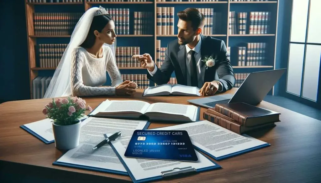 A photorealistic depiction of a married couple sitting at a table, engaged in a serious discussion about financial planning and legal considerations of marriage with a lawyer. The table is covered with legal documents and secured credit cards. The lawyer is pointing at a specific clause in a document, emphasizing its importance. The setting is a professional office, complete with books and a laptop, highlighting the formal and focused nature of the meeting.