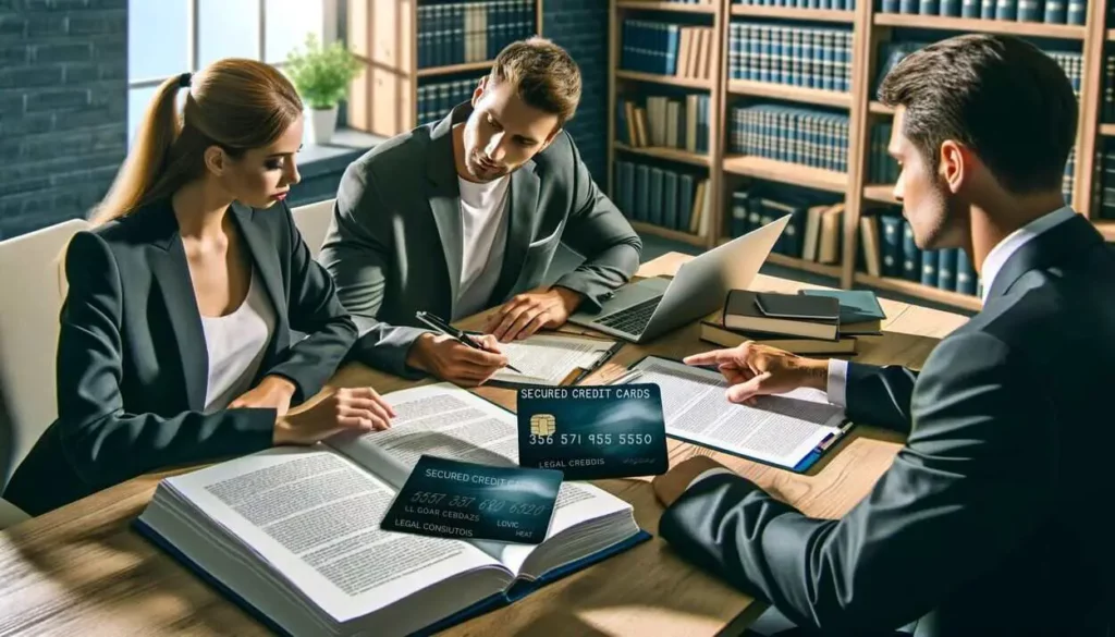 A photorealistic depiction of a married couple sitting at a table, engaged in a serious discussion about financial planning and legal considerations of marriage with a lawyer. The table is covered with legal documents and secured credit cards. The lawyer is pointing at a specific clause in a document, emphasizing its importance. The setting is a professional office, complete with books and a laptop, highlighting the formal and focused nature of the meeting.