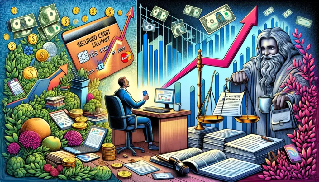  contrasting somber office setting illustrates Chapter 137 Bankruptcy, with a person surrounded by stacks of paperwork, a gavel, and legal documents, and a scale of justice balancing credit cards and coins. The artwork balances themes of hope and challenge in financial management."