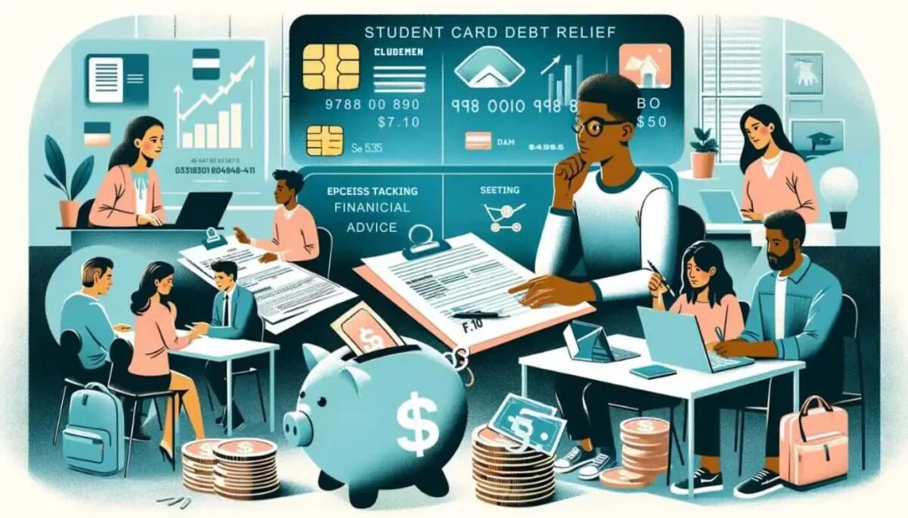 Educational illustration depicting strategies for student credit card debt relief. The image is divided into three sections. In the first, a South Asian student reviews a credit card statement at a desk with a laptop and documents