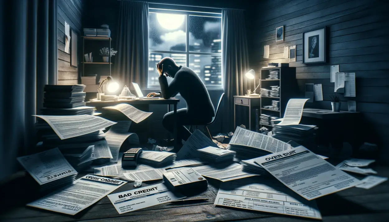A photorealistic image showing the psychological impact of bad credit. In a dimly lit, cluttered home office, an individual sits at a desk with their head in their hands, exuding stress and overwhelm. Surrounding them are scattered bills, credit card statements, and overdue notices, adding to the chaotic and financially burdensome atmosphere. The room feels heavy and suffocating, with a window displaying a gloomy, overcast sky, mirroring the person's dire financial situation. The image poignantly captures the despair and anxiety linked to financial struggles.