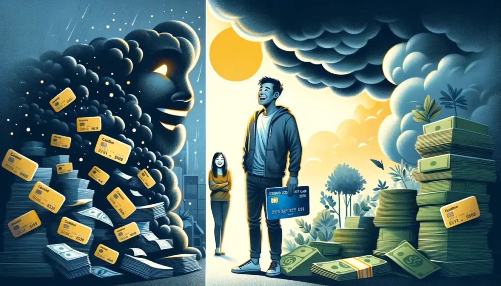 depicting the psychological impact of using secured credit cards. On the left, a Middle-Eastern individual appears worried amidst towering credit card bills and a dark cloud, symbolizing financial stress.