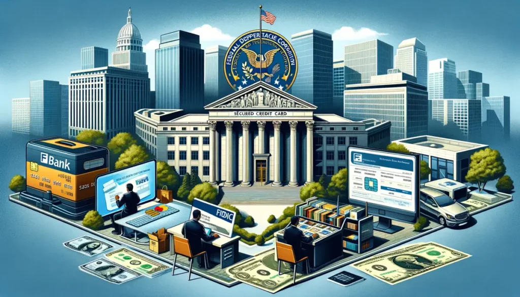 These images showcase the Federal Deposit Insurance Corporation's (FDIC) involvement in regulating secured credit card operations. Central to each image is an authoritative building labeled 'FDIC', symbolizing the institution's significant role. In one part of the foreground, a consumer confidently uses a secured credit card, clearly labeled as such. I