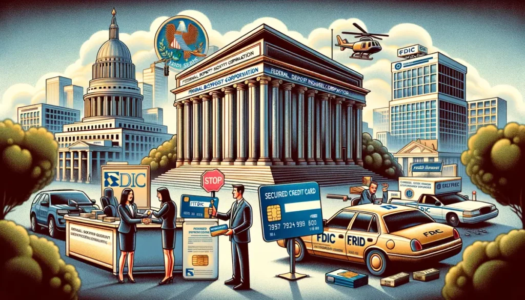 FDIC official intervenes in an irresponsible bank practice, signifying regulatory oversight. The backdrop features a cityscape with various banks and financial institutions, highlighting the FDIC's broad impact in the financial sector. The images convey a professional and informative tone, emphasizing clarity and detailed representation of the FDIC's role.