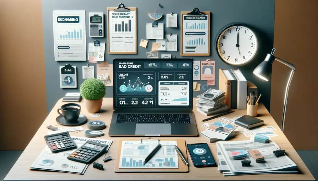 A modern workspace featuring tools for bad credit management. The desk holds a laptop with a credit management app, showing graphs and credit score statistics. A smartphone beside it displays a budgeting app with bill payment notifications. Financial newspapers and magazines with credit-related headlines, a calculator, a notepad with financial plans, and a coffee cup are scattered around. A digital wall clock and a small plant are in the background