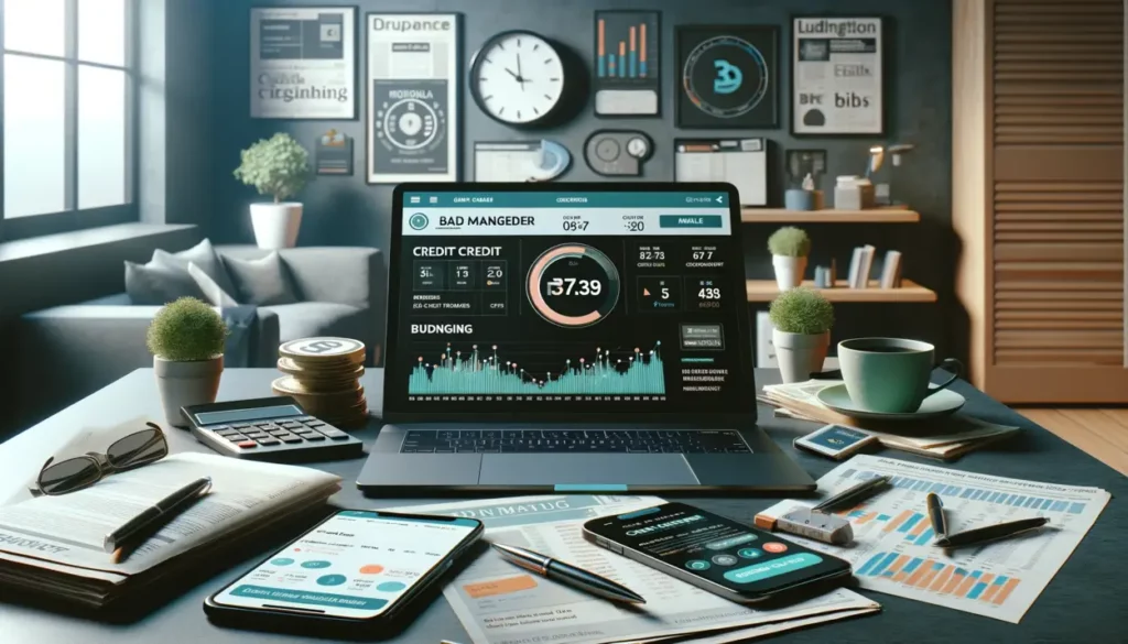 An organized desk setup with bad credit management tools. The scene includes a laptop running a credit score tracking application, and a smartphone with a budgeting app alerting to upcoming bills. Surrounding these are financial publications, a calculator, a notepad filled with financial notes, and a coffee cup. The background features a digital clock showing the time and a decorative plant, adding a natural element.