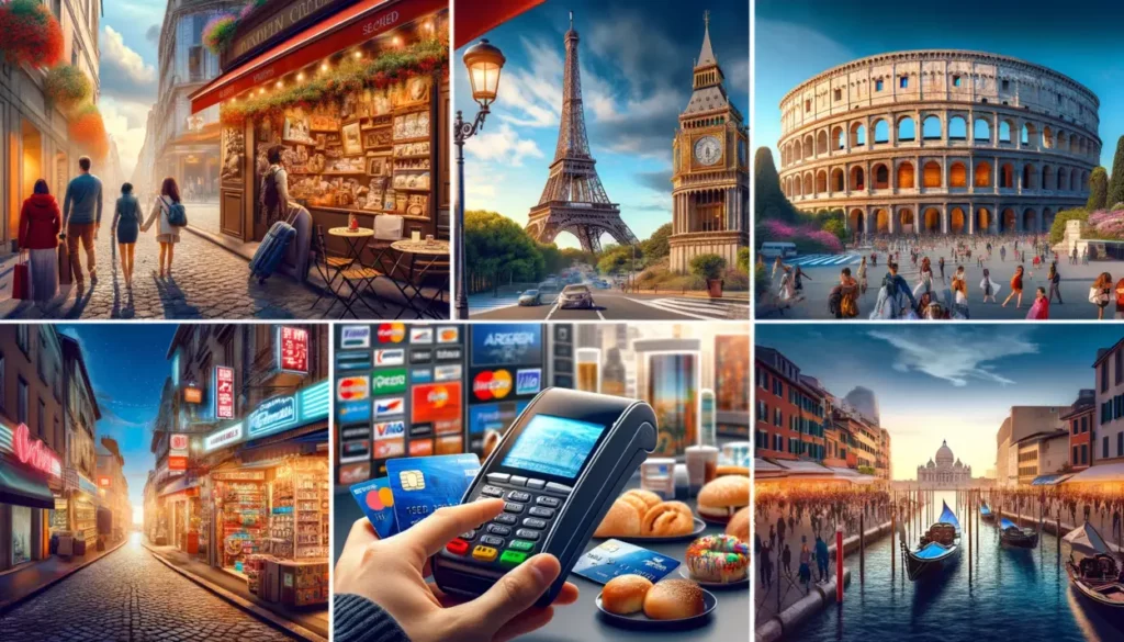 "A vibrant photorealistic collage featuring iconic travel destinations with secured card acceptance. The image includes the Eiffel Tower with a credit card terminal at a Parisian cafe, the Colosseum adjacent to a souvenir stand with a card reader in Rome, a lively Tokyo street with an electronics store showcasing card logos, and the Sydney Opera House with tourists using cards at an outdoor vendor. The diverse global locations are depicted at various times of day, highlighting the convenience and widespread acceptance of card payments in these popular travel spots."