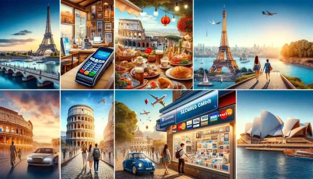 "A vibrant photorealistic collage featuring iconic travel destinations with secured card acceptance. The image includes the Eiffel Tower with a credit card terminal at a Parisian cafe, the Colosseum adjacent to a souvenir stand with a card reader in Rome, a lively Tokyo street with an electronics store showcasing card logos, and the Sydney Opera House with tourists using cards at an outdoor vendor. The diverse global locations are depicted at various times of day, highlighting the convenience and widespread acceptance of card payments in these popular travel spots."