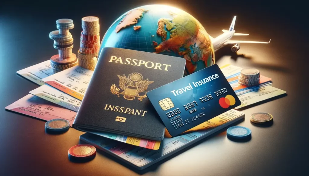 A photorealistic composition depicting the essentials of secure international travel. On the left, an open passport adorned with colorful international stamps lies next to a plane ticket and a travel insurance policy. On the right, a metallic secured credit card with a chip rests on a modern table, with a small world globe in the background, symbolizing global connectivity and financial security.