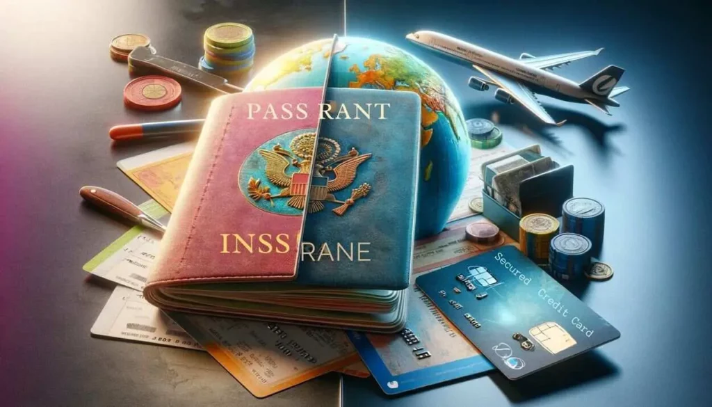 A photorealistic composition depicting the essentials of secure international travel. On the left, an open passport adorned with colorful international stamps lies next to a plane ticket and a travel insurance policy. On the right, a metallic secured credit card with a chip rests on a modern table, with a small world globe in the background, symbolizing global connectivity and financial security.