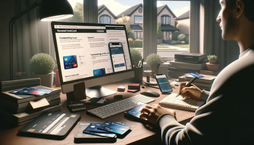 A photorealistic scene of a person troubleshooting issues with a secured credit card in a home office. The desk is cluttered with a computer showing a webpage with credit card tips, scattered credit cards with visible damage, a notebook with notes, and a smartphone displaying a customer service chat. In the background, a suburban neighborhood is visible through a window, highlighting the home environment. The image captures the essence of someone working diligently to solve credit card problems."