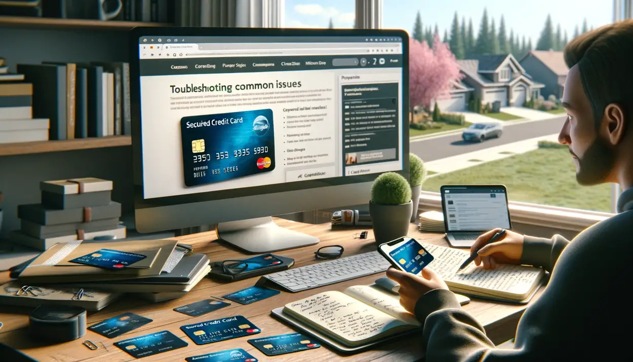 A photorealistic scene of a person troubleshooting issues with a secured credit card in a home office. The desk is cluttered with a computer showing a webpage with credit card tips, scattered credit cards with visible damage, a notebook with notes, and a smartphone displaying a customer service chat. In the background, a suburban neighborhood is visible through a window, highlighting the home environment. The image captures the essence of someone working diligently to solve credit card problems."