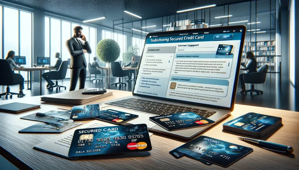 A photorealistic depiction of troubleshooting secured credit card issues in a modern office. The image showcases a desk with an open laptop displaying a customer support website about secured credit cards. Various credit cards with common issues like damaged chips and scratched stripes are visible on the desk. In the background, a customer service representative is on a call, providing assistance, in a well-lit, professional office setting.