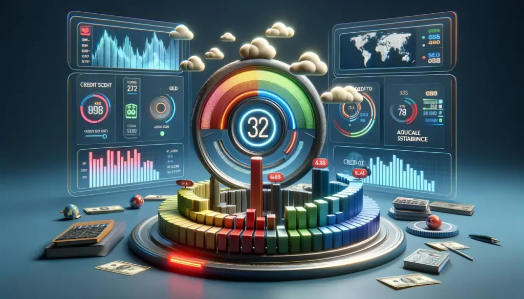 This 3D illustration features a dynamic financial setting with multiple screens displaying credit scores and health indicators. Prominently, an automatic system adjusts credit limits, represented by vibrant, self-adjusting dials and sliders. Stability is symbolized through elements like a balanced scale and a solid pillar.