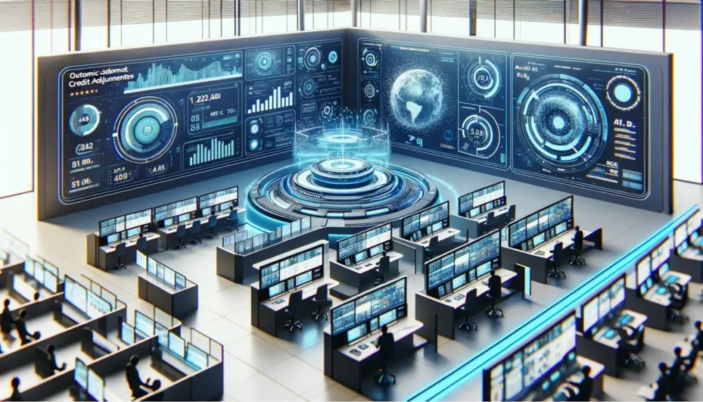 This 3D illustration depicts a high-tech banking environment with cutting-edge technology. Central to the scene is an AI-powered computer system actively managing customer credit limits. Surrounding are large screens displaying credit information, transaction history, and risk analysis. The focus is on a futuristic control center with holographic interfaces and digital panels, emphasizing the automatic adjustment of credit limits using advanced algorithms, set in a contemporary financial setting.
