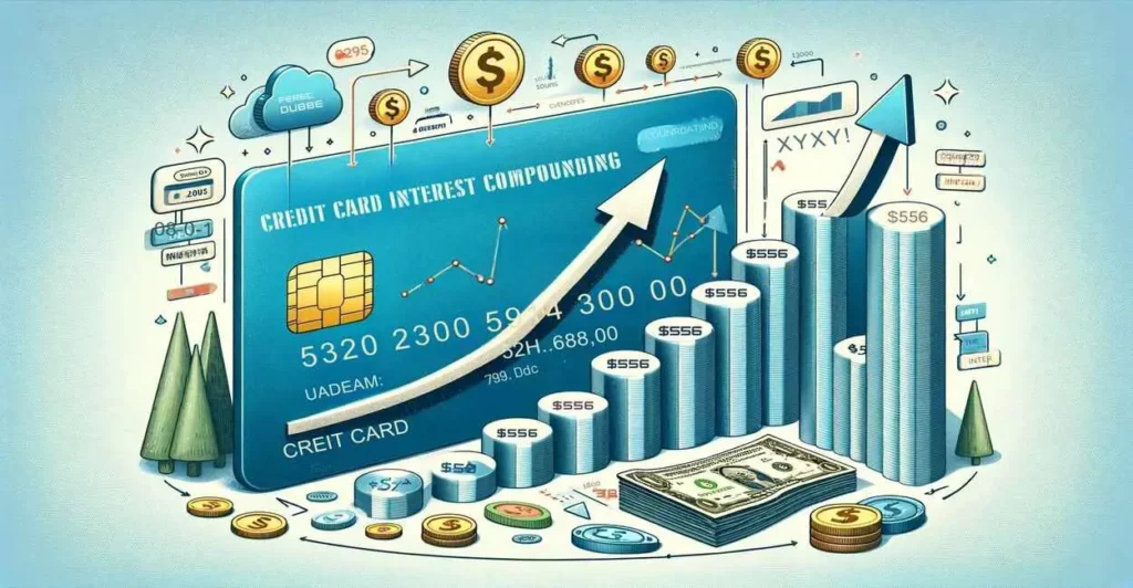 A vibrant illustration depicting the concept of credit card interest compounding, presented in a style reminiscent of a vintage finance board game. On the left, a large blue credit card is labeled "Credit Card Interest Compounding." To the right, coin stacks and bar graphs ascend alongside an upward arrow, indicating growth, while financial icons and small trees add to the playful yet informative theme. The artwork creates a dynamic visual explanation of how interest can grow over time on a credit card balance.