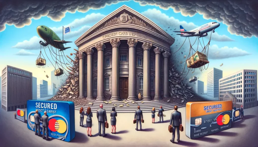 This image also portrays a crumbling bank building, representing a bank failure. In the foreground, there are two groups of people: one looking distressed and holding empty wallets, and another secured with safety nets and holding deposits, signifying the protection of secured credit card deposits. The gloomy sky enhances the somber mood of the scene.