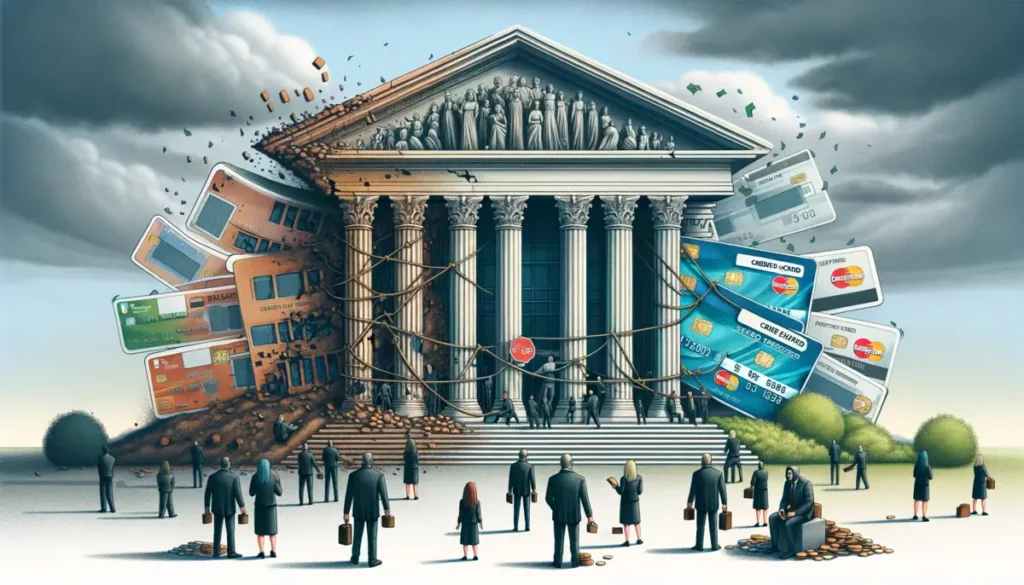 An illustration showing a crumbling bank building with two groups of people in front. One group appears worried, holding empty wallets, while the other group is secured with safety nets holding their deposits, symbolizing the protection of secured credit card deposits during bank failures. The overcast sky adds a somber mood to the scene.