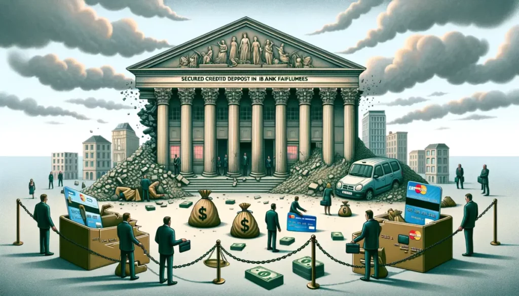A similar scene as the first, with a large, traditional bank building partially in ruins, indicating a bank failure. Two distinct groups of people are depicted in front of the bank: one distressed group with empty wallets and another secured group with safety nets and deposits, representing the safeguarded nature of secured credit card deposits in such scenarios. The sky is overcast, enhancing the serious tone of the illustration.