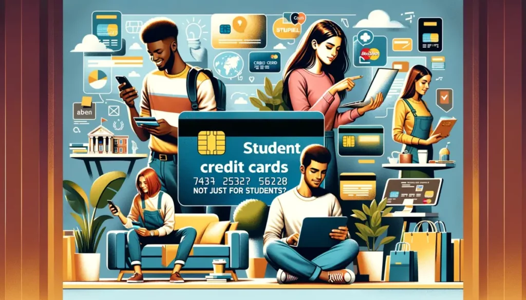 Vibrant image blending a college campus, office, and shopping area, featuring a Hispanic female student online, a Black male professional, and a Middle-Eastern shopper, each engaging with student credit cards, illustrating their use beyond just students.
