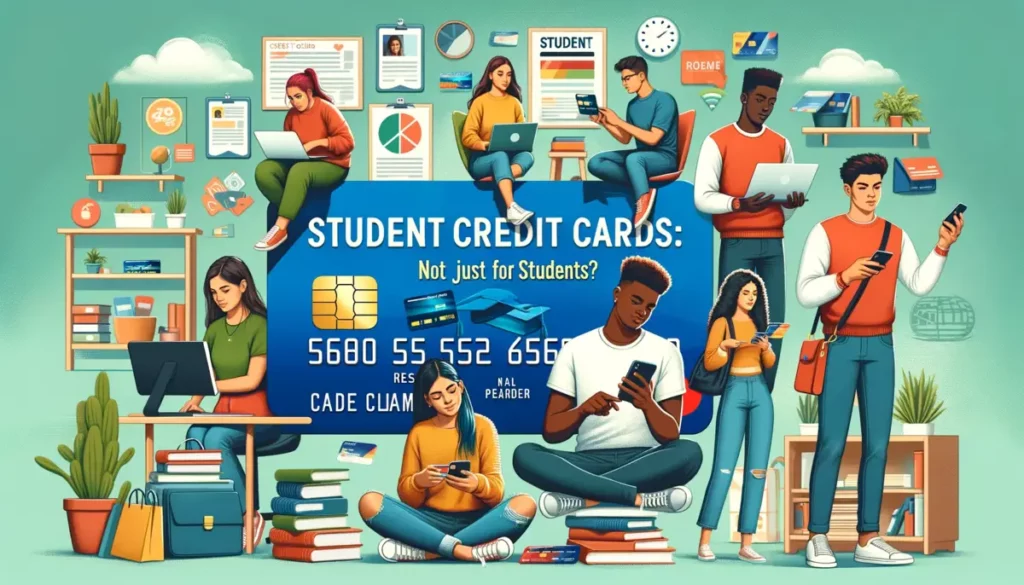 Colorful illustration showing a diverse group of young adults in different settings with credit cards. It includes a Hispanic female student studying online, a Black male professional reviewing credit card offers, and a Middle-Eastern adult shopping, all using student credit cards.