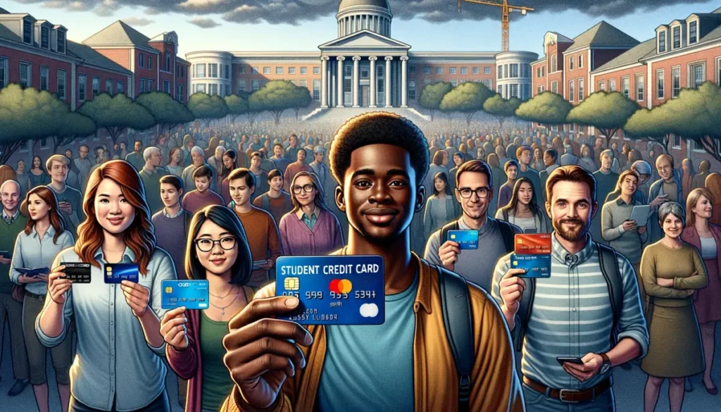 Illustration of a diverse group of individuals at a university, including a young Asian female student, a middle-aged Black male professor, and a young White male non-student, each holding different credit cards. The background depicts a bustling campus scene.
