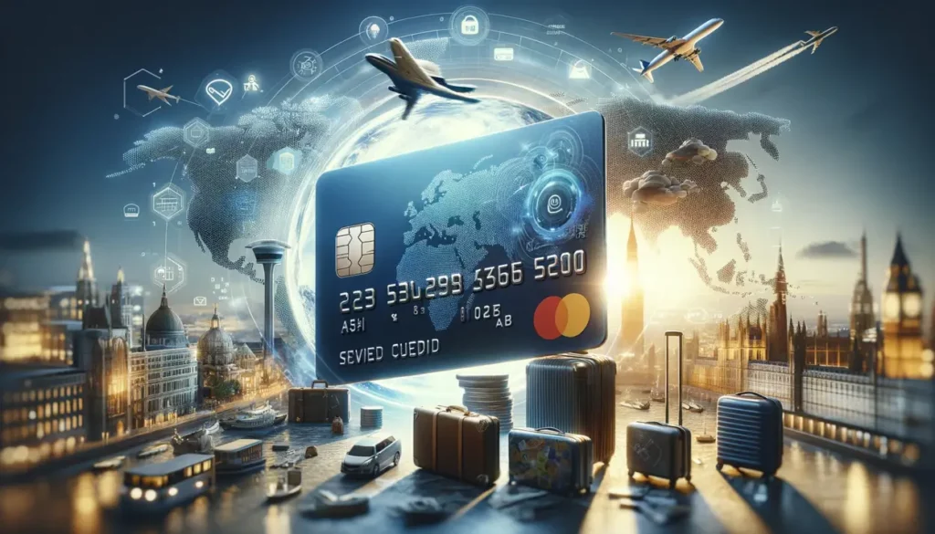 "Photorealistic image representing a secured credit card as an ideal payment method for international travel. The card, modern and high-quality, symbolizes security and global acceptance, featuring elements like a world map, international landmarks, airplanes, and suitcases. It's designed to be robust, with a security chip and hologram for authenticity. The background subtly shows global connectivity and ease of travel, with a blurred backdrop of an international airport or a network of global flight paths. The image captures the essence of worry-free international travel, focusing on 'Best Secured Card Options' for travelers."