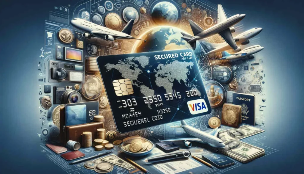 "Photorealistic image highlighting the benefits of a secured credit card for international travel. The image features a modern, durable credit card with a prominent security chip and a dynamic holographic element. Surrounding the card are various symbols of international travel, including global currencies, world landmarks, airplanes, and passports. The background conveys a theme of global exploration with a collage of famous international destinations or a stylized world map, emphasizing the 'Best Secured Card Options' for global travelers."